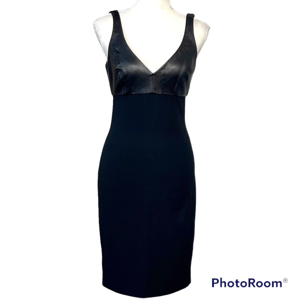 L'Agence Black Deep V Plunge Dress Lambskin Leather Sz 2